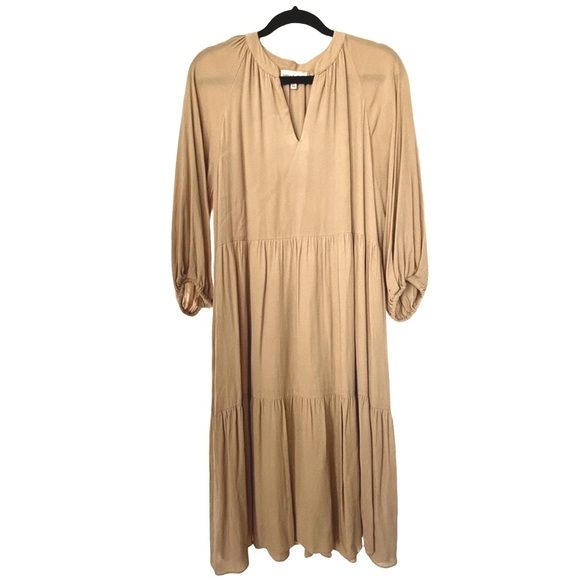 Gibson & Latimer | Peasant Split V-Neck Blouson Sleeve Tiered Hem Dress L Taupe - Picture 2 of 8